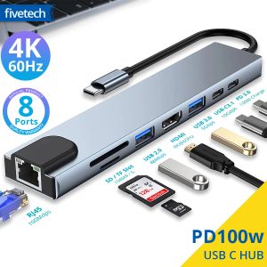 PENS USB C HUB 8 I 1 Dual Typec till USB 3.0 4K 60Hz HDMI för M2 M1 Book Pro Air Adapter USB C 3.1 Porttyp C Hub PC -tillbehör