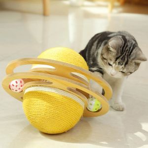 Toys Bell Ball Asteroid Sharp Cat Toy Natural Solid Wood Scratcher Interactive Pet Accessories Sisal Turntable Kitten Wheel Bowl