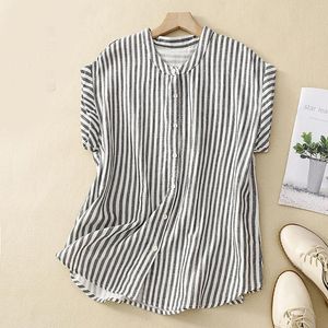 Women's T Shirts Cotton Striped Print Shirt O Neck Short Sleeve Blouses Casual Loose Tops For Women Summer Y2k High Street Ropa De Mujer