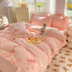 Princess Korean Style Bedding Set with Bow Pink Blue Girls Double Queen Size Duvet Cover No Filling Flat Sheet Pillowcases Kit 240416