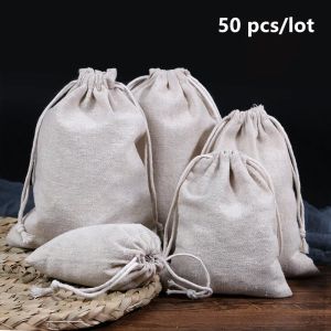 Bags 50 Pcs/Lot Linen Storage Drawstring Bags Party Christmas Gift Fabric Package Plain Cotton Pouches 8x10/10x12/12x15/13x18/15x20cm