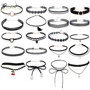 Necklaces New Gothic Black Lace Leather Velvet Tattoo Choker Necklaces For Women Collar Party Jewelry Neck Accessories Chokers Collares