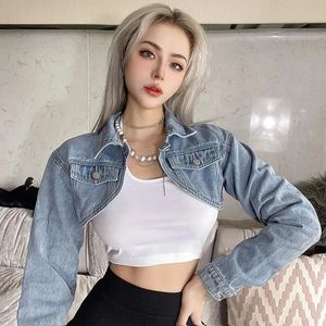 Kırpılmış Ceketler Kadın Chaqueta Mujer Tasarım Out Giyim İnce BF Tek Düğmesi Seksi Sokak Giyim Retro Denim Allmatch Chic Ins Cozy 240423