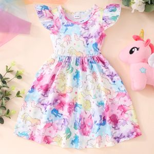 Mädchen Kleid fliegende Ärmel Babykinder Party Tutu Rüschen Regenbogen Karton Kleider Baumwollgeborenes Kostüm für 29 Jahre 240420