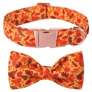 Collars Unique Style Paws Fall Maple Dog Collar with Bowtie, Orange Autumn Dog Collar with Pink Flower for Small Medium Large Dog