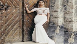 Wysokiej jakości dwa sztuki Suknia ślubna syrenka Iluzja Krótkie rękawie Bateau Off romantyczne romantyczne koronkowe górne suknia ślubna Vestidos de 5292511