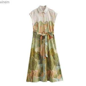 Urban Sexy Dresses Traf Womens Midi Dress 2024 New Fashion Summer Belt Printed Dresses for Women Elegant Chic Ladies Dressl2404