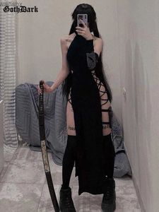 Grundläggande avslappnade klänningar goth mörk cosplay hög delad sexig bandage kvinnor klänningar y2k mall gotisk halter smal midi klänning svart grunge stil alt partywearl2404