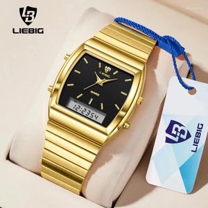 Armbanduhr Liebig Watch for Men Fashion Casual Digital Quartz Dual Display Gold Uhr Woche Zeit Sport männlicher wasserdichtes Relogio Maskulino