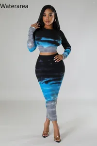 Arbetsklänningar WaterArea Tie Dye Knit Ribbed Women's Set Long Sleeve T-shirt och BodyCon Midi Maxi kjolar kostym 2024 Två 2-stycken uppsättningar kläder