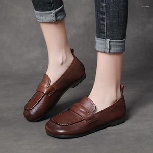 Sıradan Ayakkabı Kahverengi Vintage Cowhide Yumuşak Sağlıklı Düz ​​Loafers Kadınlar Yürüyüş Gerçek Deri Yaşlı Hediye