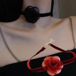 Halskette schwarze Rosenblume Organza Halskette für Frauen Party sexy Spitzenkragen Halsband Halsbänder Hochzeitsschlüsselblatt Ketten Schmuck Geschenk