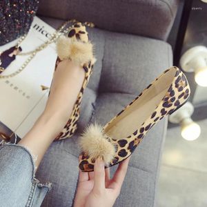 Casual Shoes Leopard Flock Moccasins Cute Pompom Shallow Slip On Loafers Flats Pointed Toe Ladies Work 42 43 Size Pregnant Women