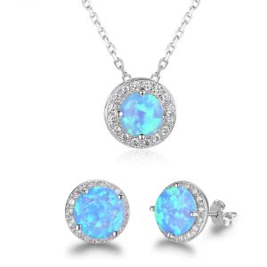 Collane di lusso 925 sterling in argento arrotondano gioielli in pietra opale set per orecchini da sposa da sposa femminile
