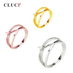 Ringar Cluci Silver 925 Zircon Pearl Ring montering Women Party Jewelry Justerbar Rose Gold Geometric Crossed Rings SR2066SB