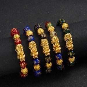 Strängar nya Pixiu Bangle Luck Wealth Buddha Black Obsidian Stone Pärlade armband Färgglad charm kinesisk feng shui armband för kvinnor män