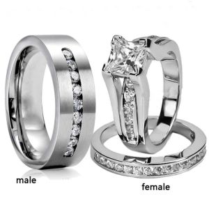 Bande Romantic Zircon Coppia Rings Anello da uomo in acciaio inossidabile e Simple Crystal Zircon Women Anelli set anello nuziale