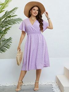 Lila elegante kurze Ärmel lange Kleid für Frauen Vintage Casual Print großer Chiffon plus Maxikleider 240417