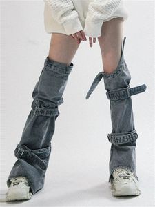 Womens Chic Leg Warmers Knee Length Buckled Denim Stockings Gothic Kawaii Y2K Long Sock Streetwear 240422