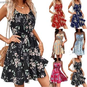 Vestidos casuais básicos Europeu e americano Novo 2023 Summer Summer elegante mangas mangas com estampa de pulverização de cintura elástica de cintura curta para Womenl2404