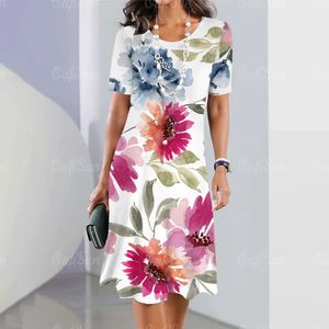 2024 Womens Dresses Midi Floral Printed Summer Elegant Dress Feamle Short Sleeve Fashion Overdimasy Women kläder 240422