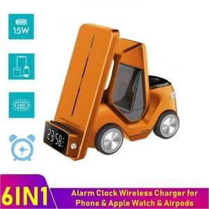 Laddare 6in1 Alarm Clock Wireless Charger för Apple Watch AirPods Pro Car Night Light Charging Station för iPhone 11 12 13 14 Pro Max