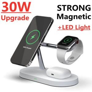 Laddare 5 i 1 magnetiskt trådlöst laddningsstativ macSafe för iPhone 14 13 12 Pro Max Apple Watch AirPods 30W Fast Charging Station