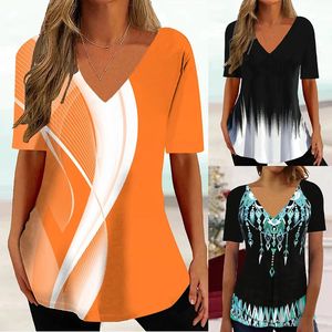 여성 v- 넥 인쇄 꽃 패턴 짧은 슬리브 티셔츠 여름 캐주얼 통기성 리프레쉬 y2k 최고 트렌드 티셔츠 240420