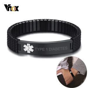 Bracelets Vnox 12mm Stretch Band Bracelets for Women Black Stainless Steel Type 1/2 Diabetes Medical Alert Personalized ID Bangle