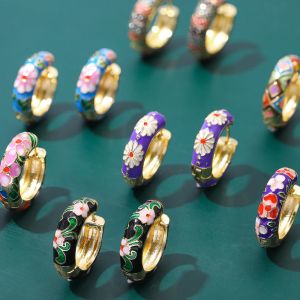 Earrings Boho Multicolor Enamel Flower Hoop Earrings for Women Vintage Drop Oil Gold Color Circle Round Earrings Statement Jewelry Gifts
