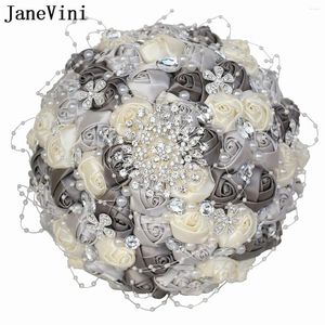 Wedding Flowers JaneVini European Style Silver Dark Grey Bouquets Bridal Crystal Beaded Pearl Bride Hand Ramos De Novia Lujo