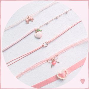 Halsband mode choker halsband för kvinnor härlig rosa spetspärlhjärta hänge kort klavikel halsband estetiska smycken gåva till henne