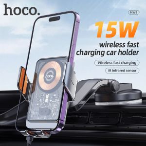 Chargers Hoco 2in1 Montagem do carregador de carro sem fio para iPhone 15 14 13 12 11 15W Console de carregamento rápido Console transparente portador de telefone de carro