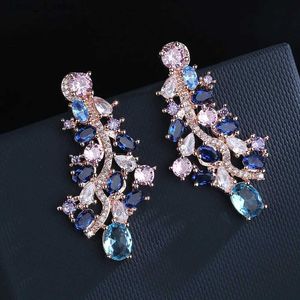 Dangle żyrandol 925 Srebrny vintage Sapphire Tassel Boho Kolczyki Kolorowe cyrkon długie klipy ucha impreza biżuteria urodzinowa prezenty H240423