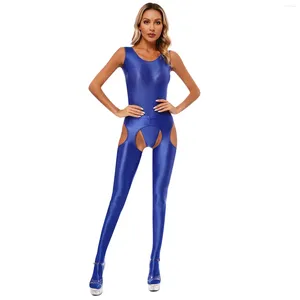 Bras Sets 2PCS Womens Glossy Swimwear Sex High Cut Backless Sleeveless Bodysuit With Cutout Crotchless Pantyhose Mid Waist Tights Leggings