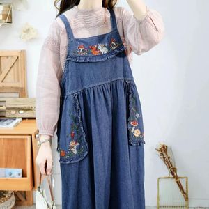 Casual Dresses 110cm Bust Spring Summer Women Sweet Mori Kei Girl Embroidered Loose Plus Size Comfortable Cotton Denim Sleeveless