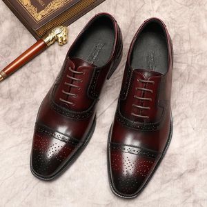 Ubierz buty swobodne męskie buty z Oxford oryginalny skóra wygodna mężczyzna czarny burgundowy koronkowy w górę ślubny mężczyźni formalny biznes