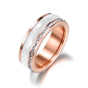 Bandas clássicas de titânio aço inoxidável branco/preto cerâmica jóias de jóias cz anéis de noivado de casamento de cristal para mulheres