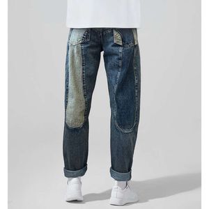 2024 Spring/Summer Original Fabric Splicing Fushen Jeans för män och par Lossa stora långa byxor med gammal tvättad trend 276515