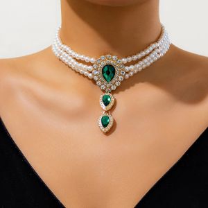 Halsband Ingesight.z vintage Multilayer Imitation Pearl Beaded Choker Halsband Kvinnor Luxury Green Rhinestone Droplet Long Necklace