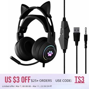 Fones de ouvido fones de ouvido de ouvido fones de ouvido para o computador para PC com microfone rosa USB Wired Headset Gamer Girl Girs for PS4 PS5 Xbox One