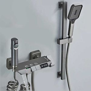 욕실 샤워 세트 상위 1 개의 회색 욕실 황동 샤워 시스템 벽 장착 디지털 디스플레이 샤워 수도꼭지 세트 목욕 핫 앤 콜드 믹서 샤워 풀 세트 T240422