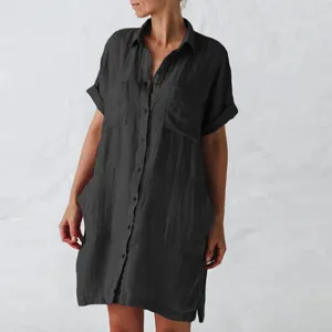 Casual Dresses Ladies Shirt Loose Button Down Soild Color Lapel Dress With Pocket Short Sleeve Summer For Female