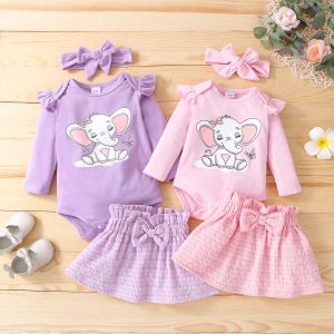 Sets 3Pc Winter Fall New Born Baby Girl Clothes Set Elephant Headband Long Sleeve Top T shirt Romper + Skirt Outfit 3 6 9 12 18 Month