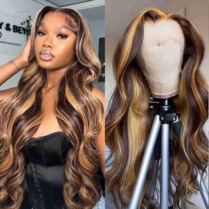 HD Body Wave Highlight Spets Front Human Hair Wigs For Women Frontal Wig Pre Plucked Honey Blonde Colored Sy