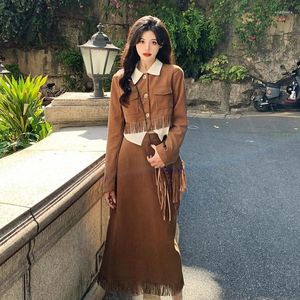 Work Dresses Women's Autumn/winter Plus Size Corduroy Blazer Coats Half Skirt Set Retro Casual Tassel Suit Jacket Two-piece Sets