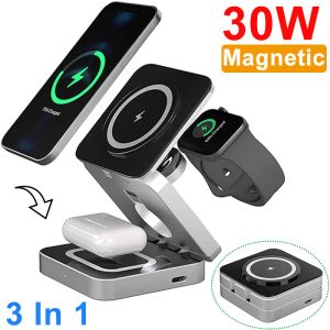 Laddare 3 i 1 Strong Magnetic Wireless Charger Stand Pad Foldbar för iPhone 14 13 12 Apple Watch 8 7 6 AirPods Fast Charging Station