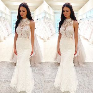 Plus Size Flower lace High Neck Mermaid Wedding Dresses Sexy See Through Wedding Dress For Bride Women Bridal Gown