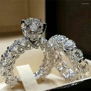 Cluster Rings 2pcs Circle Finger Hoop Imbed Luxury For Women Lady Bride Couple Wedding Engagement 2 Pcs