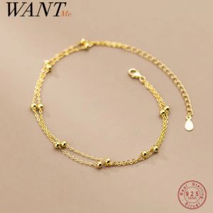 Anklets WANTME 925 Sterling Silver Fashion Double Anklet for Women Summer Beach Charming Minimalist Round Bead Gothic Chain Jewelry